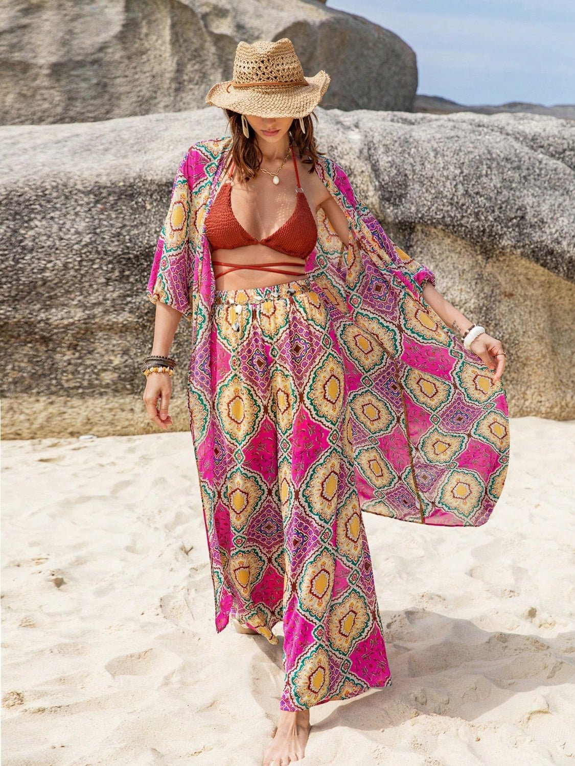 Beach Rose Co. - Printed Open Front Kimono and Pants Set in Cerise