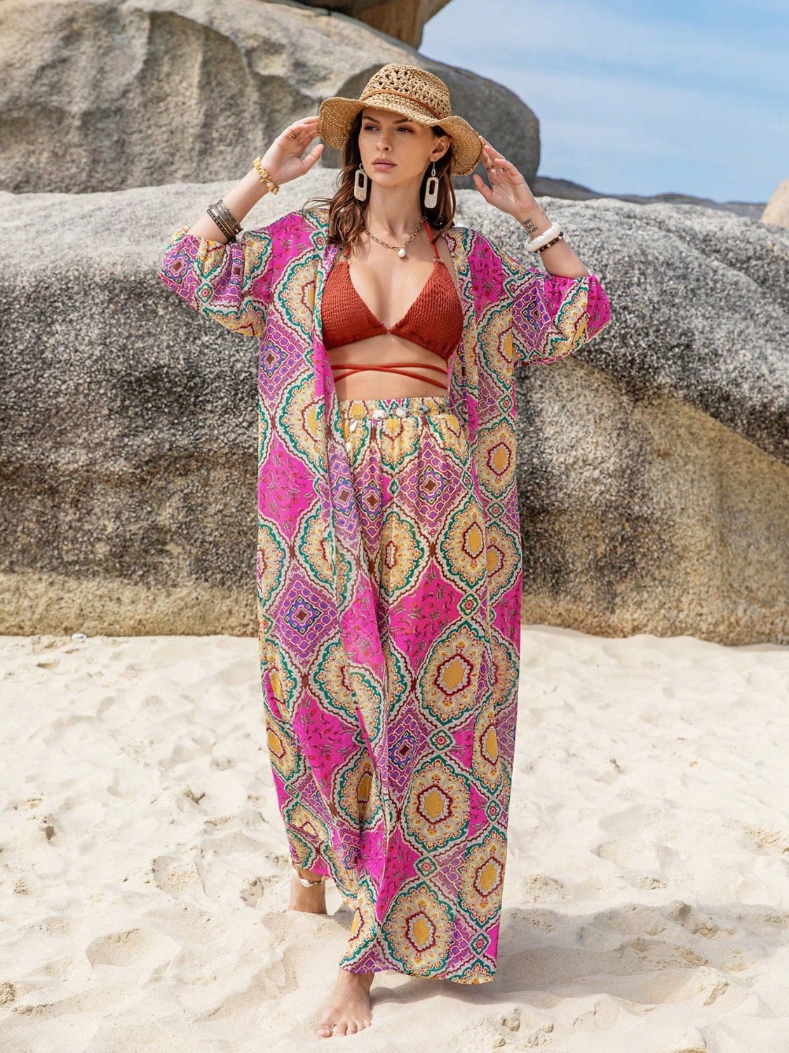 Beach Rose Co. - Printed Open Front Kimono and Pants Set in Cerise