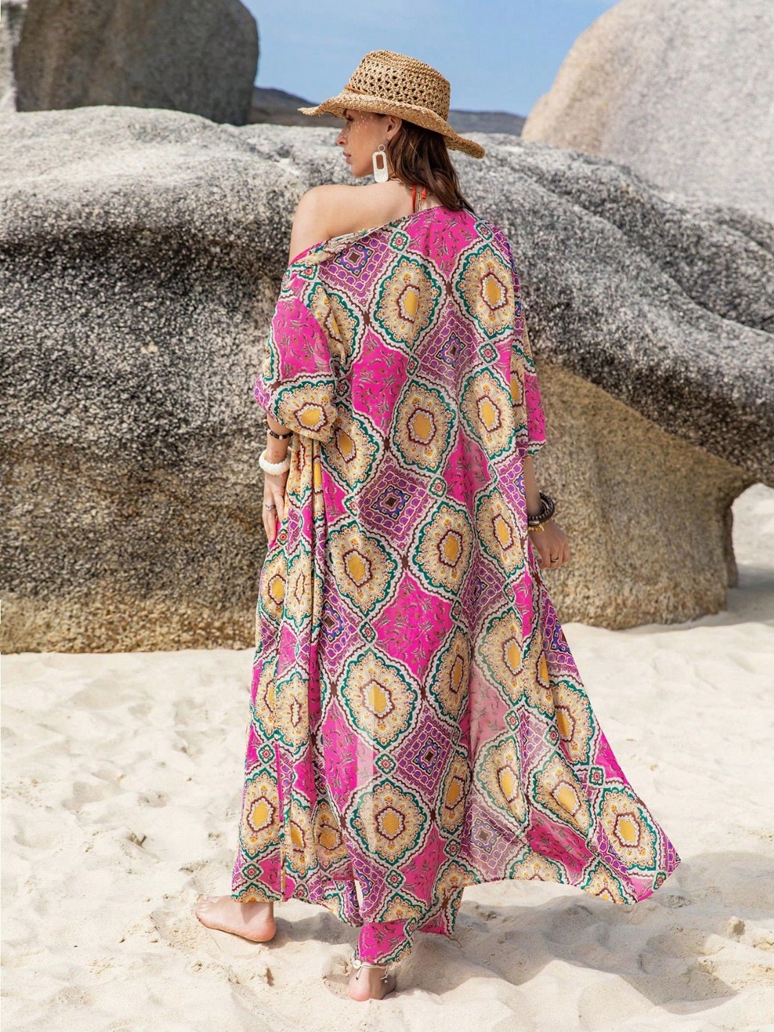 Beach Rose Co. - Printed Open Front Kimono and Pants Set in Cerise