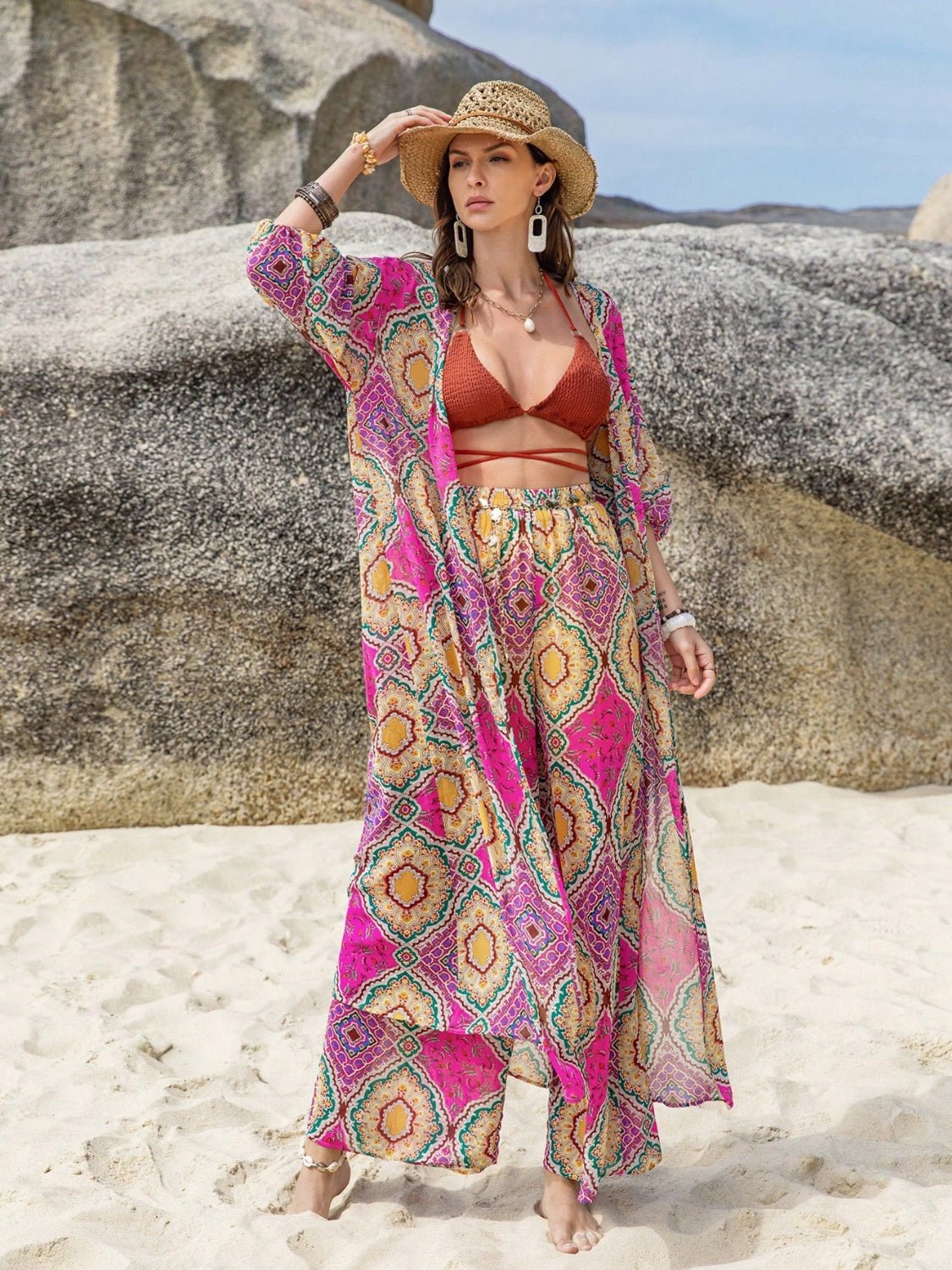 Beach Rose Co. - Printed Open Front Kimono and Pants Set in Cerise