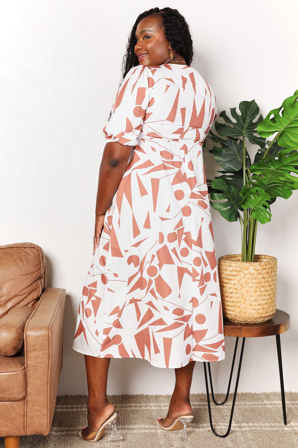 Beach Rose Co. - Printed Surplice Neckline Balloon Sleeve Midi Dress