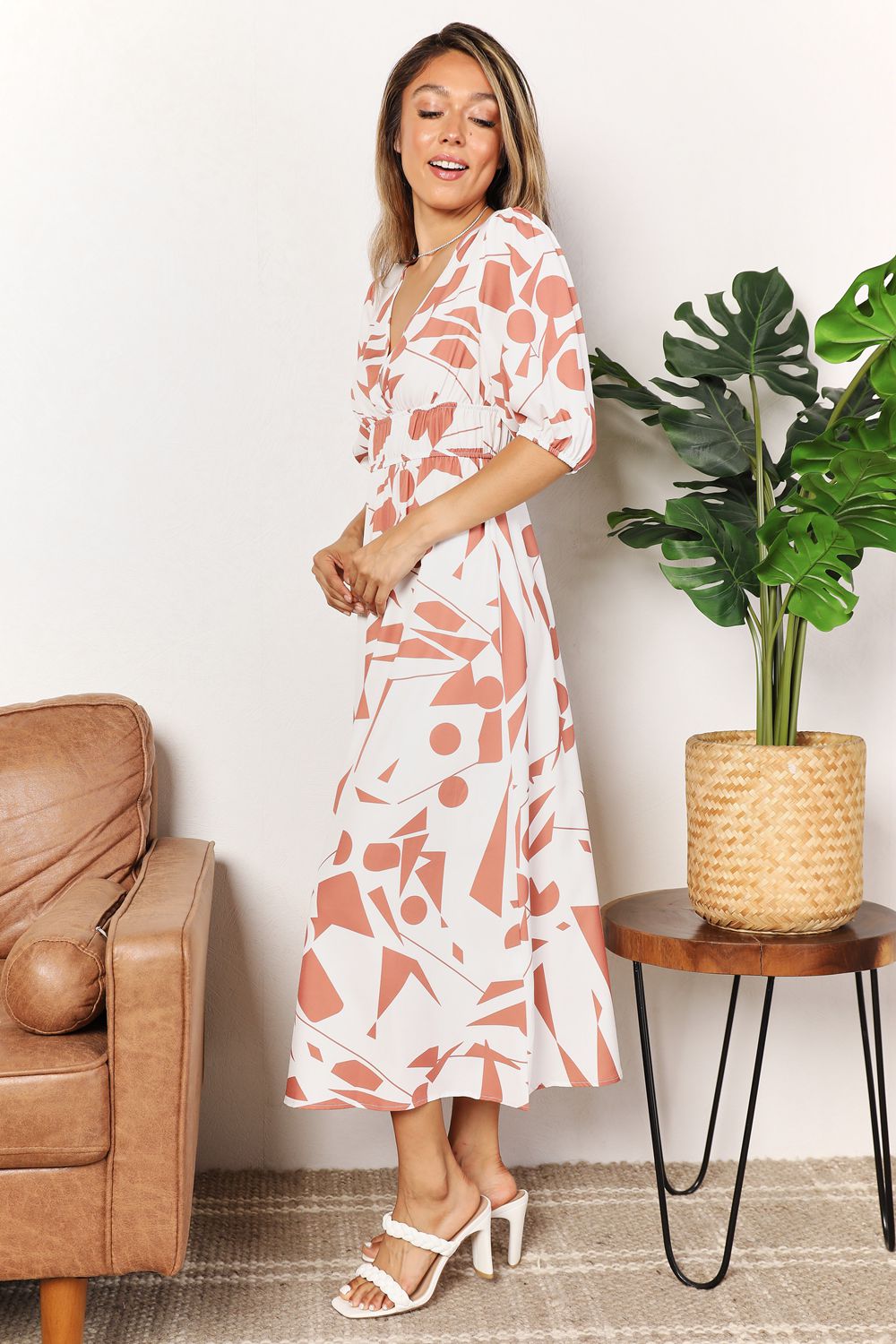 Beach Rose Co. - Printed Surplice Neckline Balloon Sleeve Midi Dress