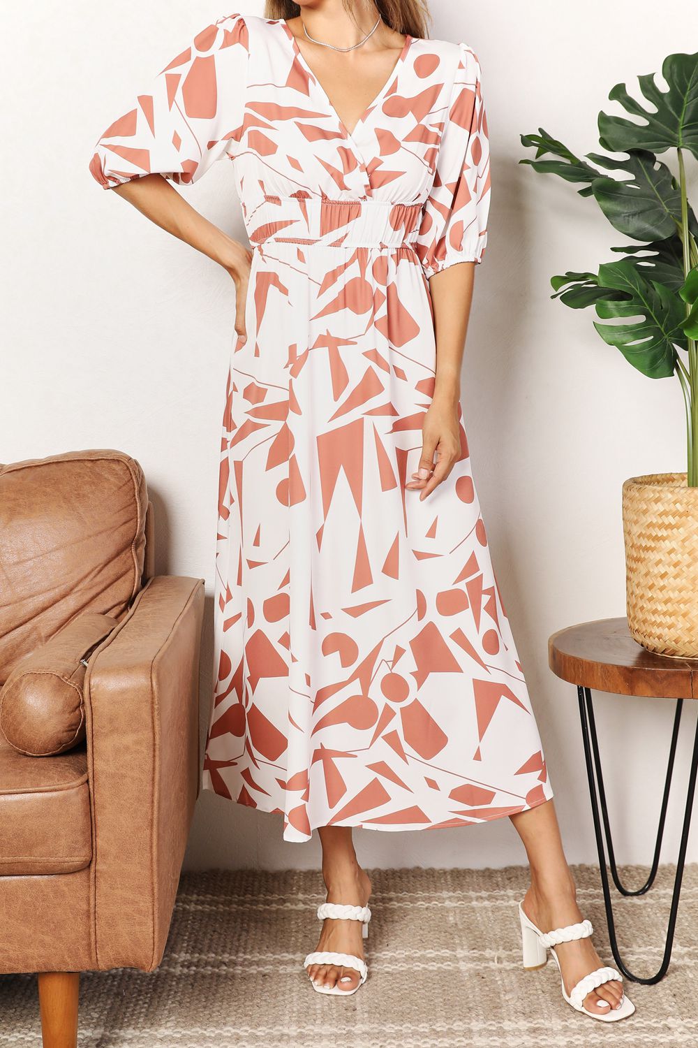 Beach Rose Co. - Printed Surplice Neckline Balloon Sleeve Midi Dress