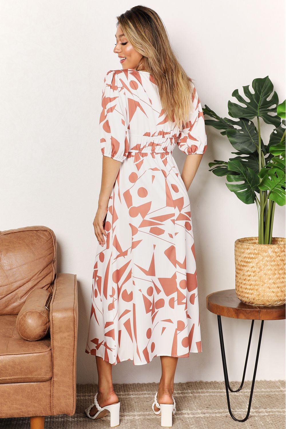 Beach Rose Co. - Printed Surplice Neckline Balloon Sleeve Midi Dress