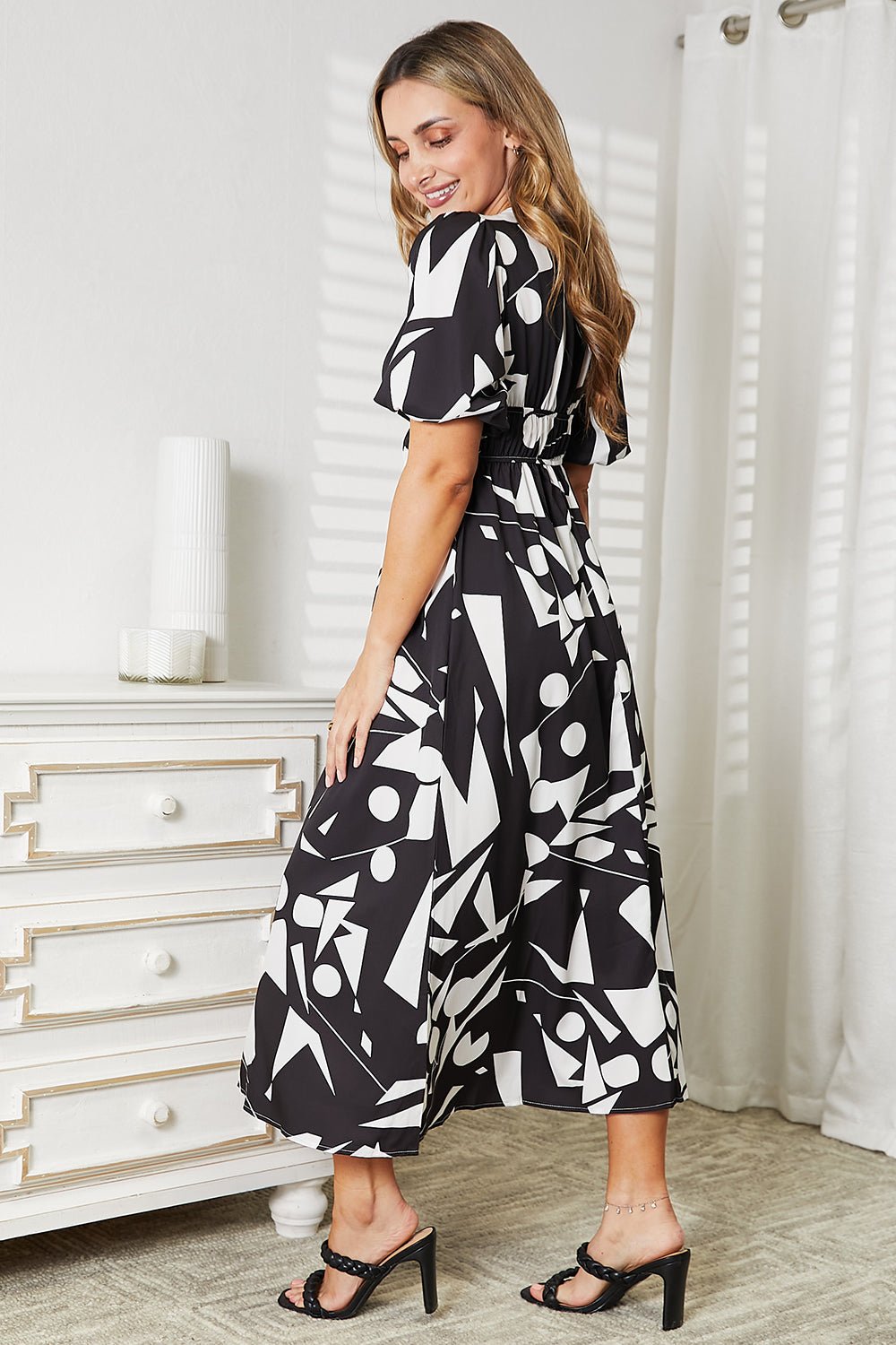 Beach Rose Co. - Printed Surplice Neckline Balloon Sleeve Midi Dress