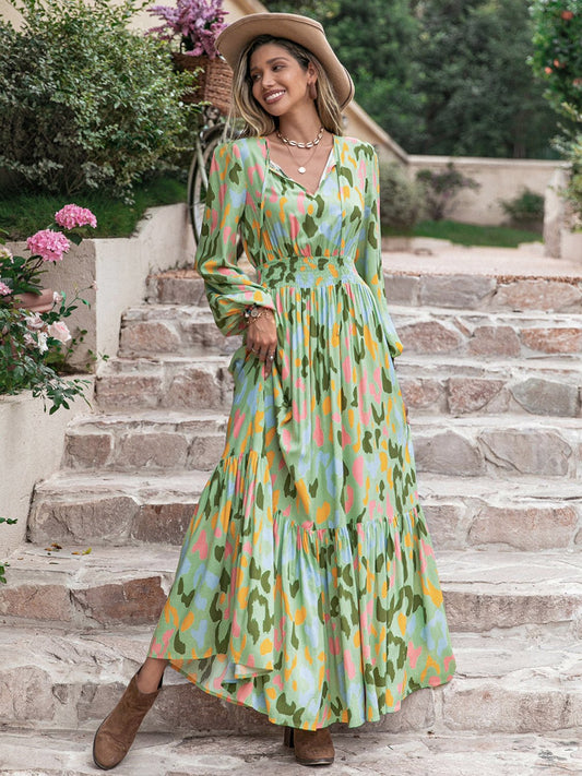 Beach Rose Co. - Printed Tie Neck Long Sleeve Maxi Dress in Gum Leaf