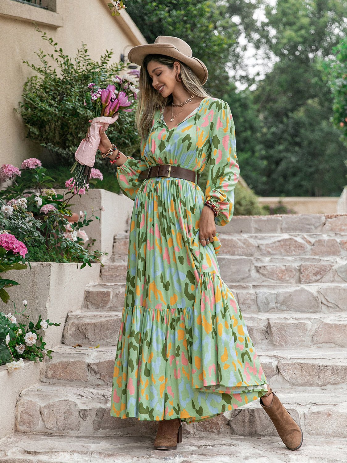 Beach Rose Co. - Printed Tie Neck Long Sleeve Maxi Dress in Gum Leaf