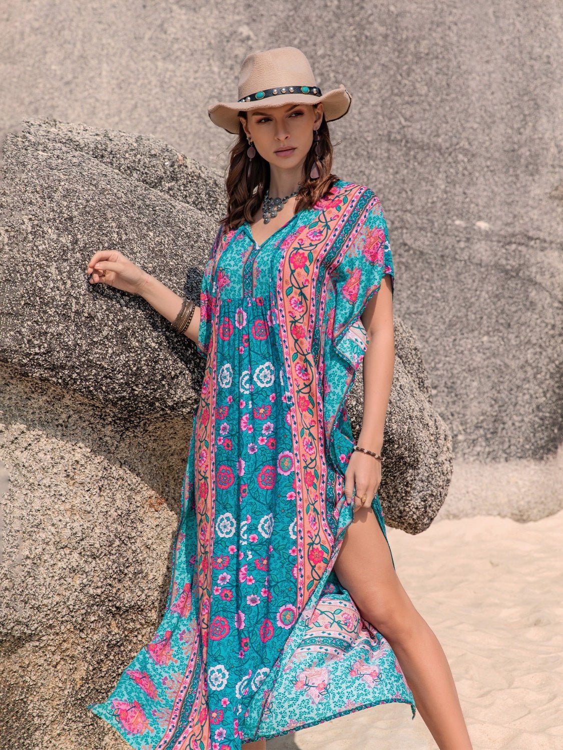 Beach Rose Co. - Printed Tie Neck Short Sleeve Maxi Caftan Dress