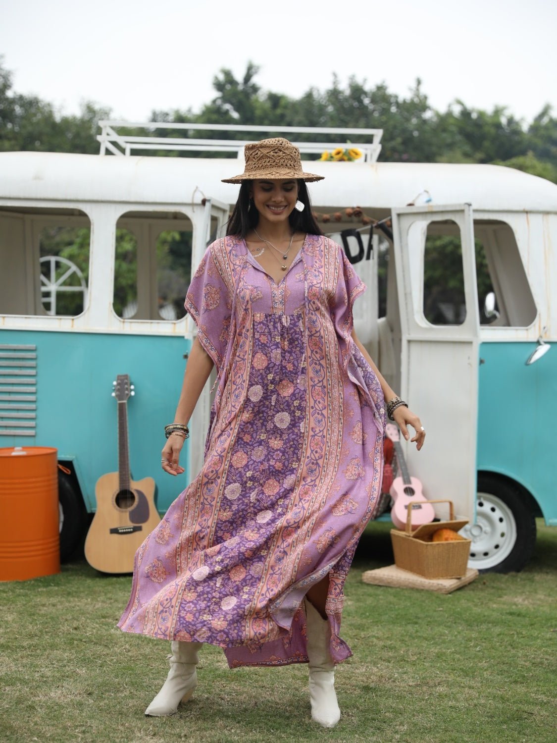 Beach Rose Co. - Printed Tie Neck Short Sleeve Maxi Caftan Dress