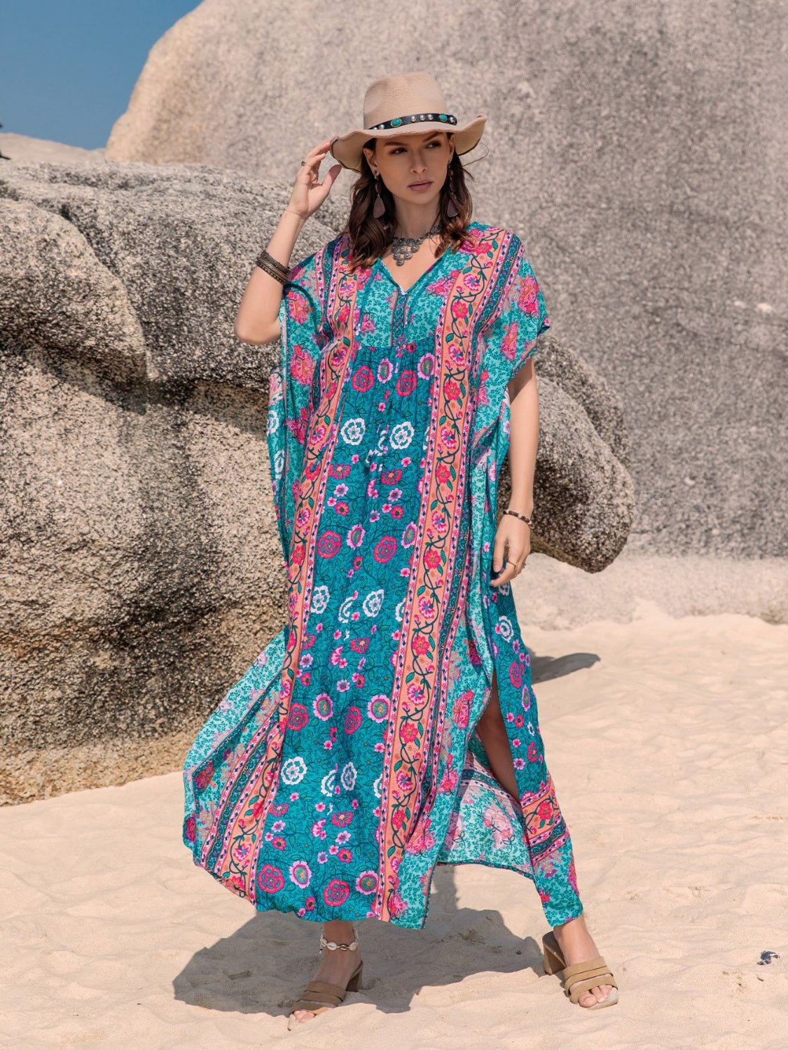 Beach Rose Co. - Printed Tie Neck Short Sleeve Maxi Caftan Dress