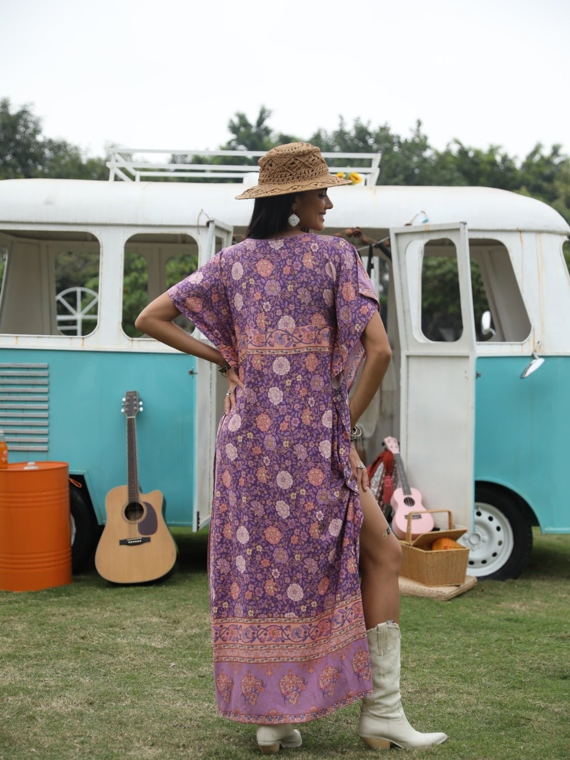 Beach Rose Co. - Printed Tie Neck Short Sleeve Maxi Caftan Dress