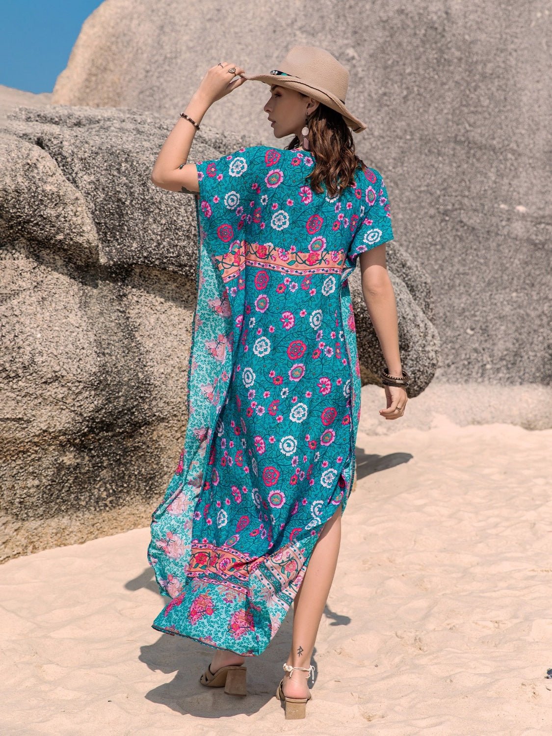 Beach Rose Co. - Printed Tie Neck Short Sleeve Maxi Caftan Dress