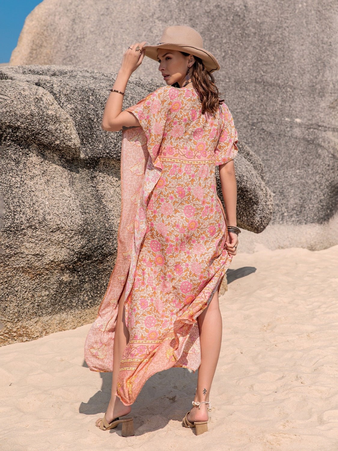 Beach Rose Co. - Printed Tie Neck Short Sleeve Maxi Caftan Dress