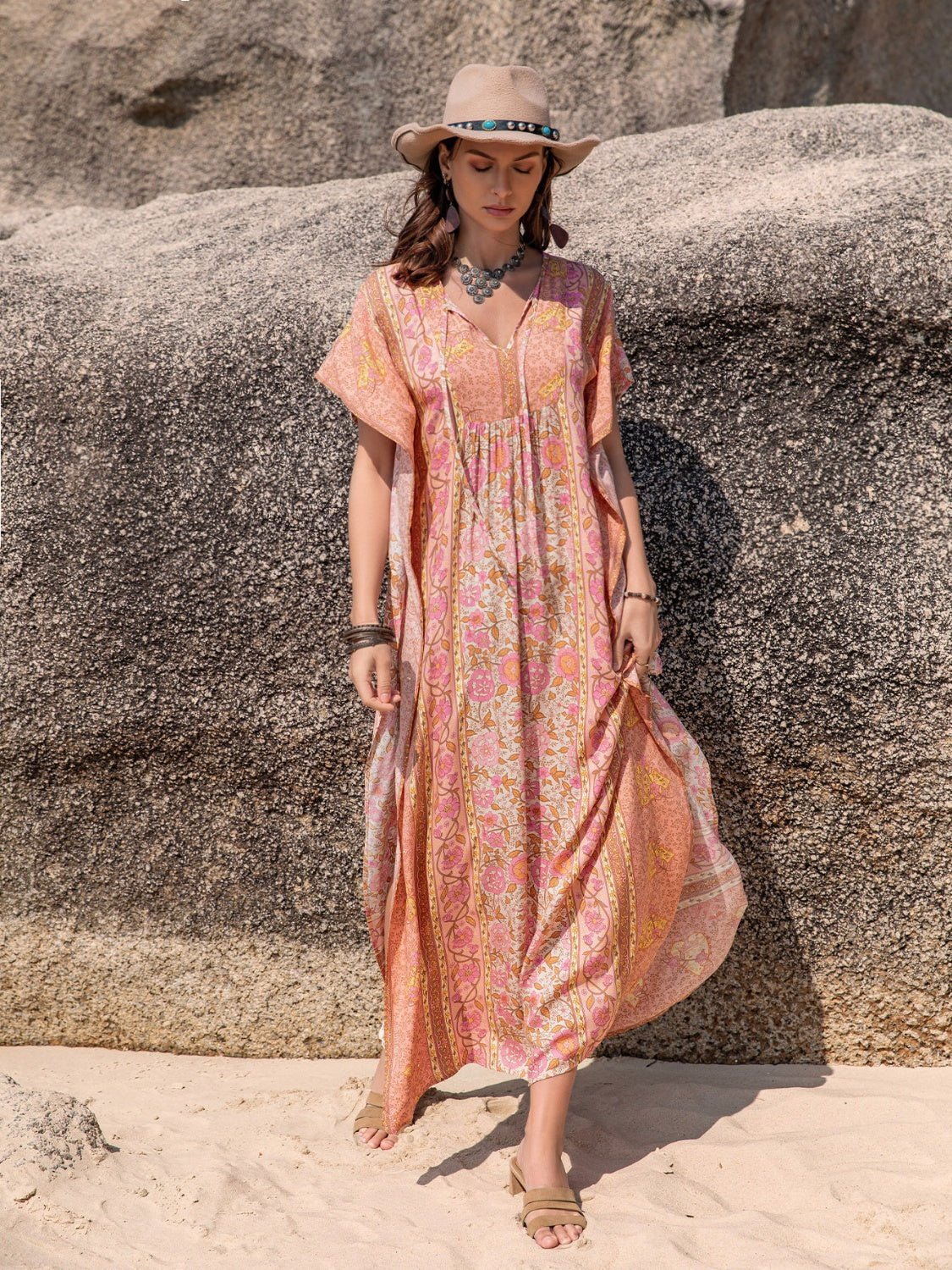 Beach Rose Co. - Printed Tie Neck Short Sleeve Maxi Caftan Dress