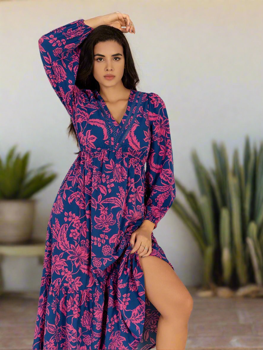 Beach Rose Co. - Printed V - Neck Midi Dress in Red Violet