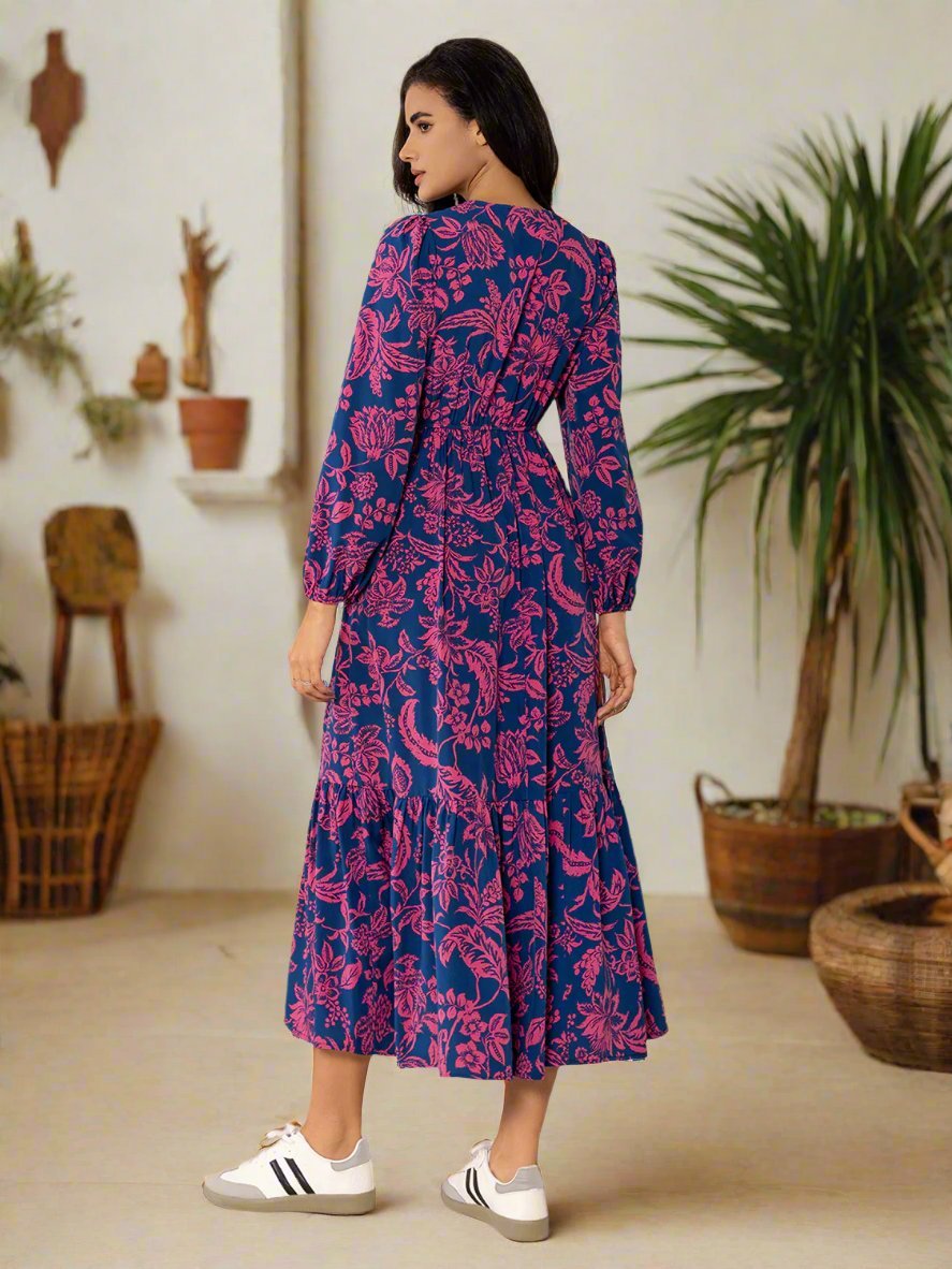 Beach Rose Co. - Printed V - Neck Midi Dress in Red Violet