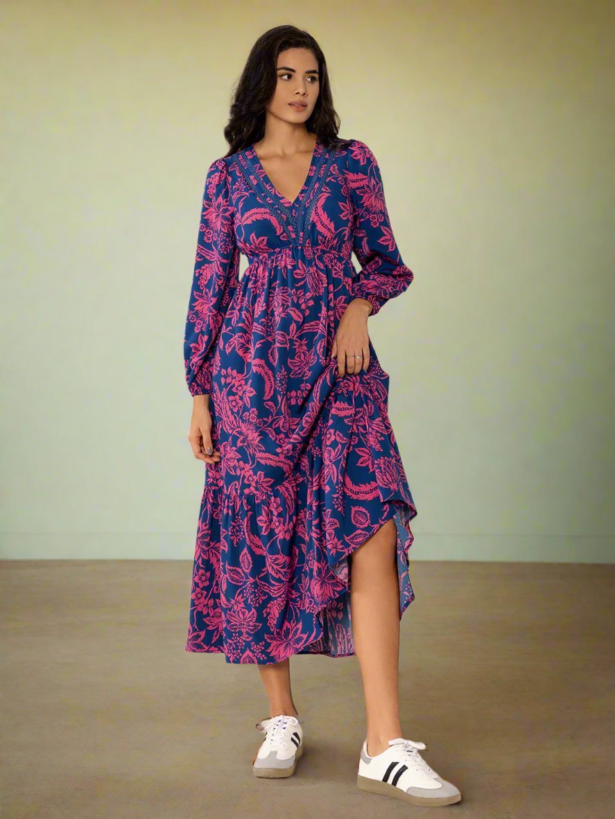 Beach Rose Co. - Printed V - Neck Midi Dress in Red Violet