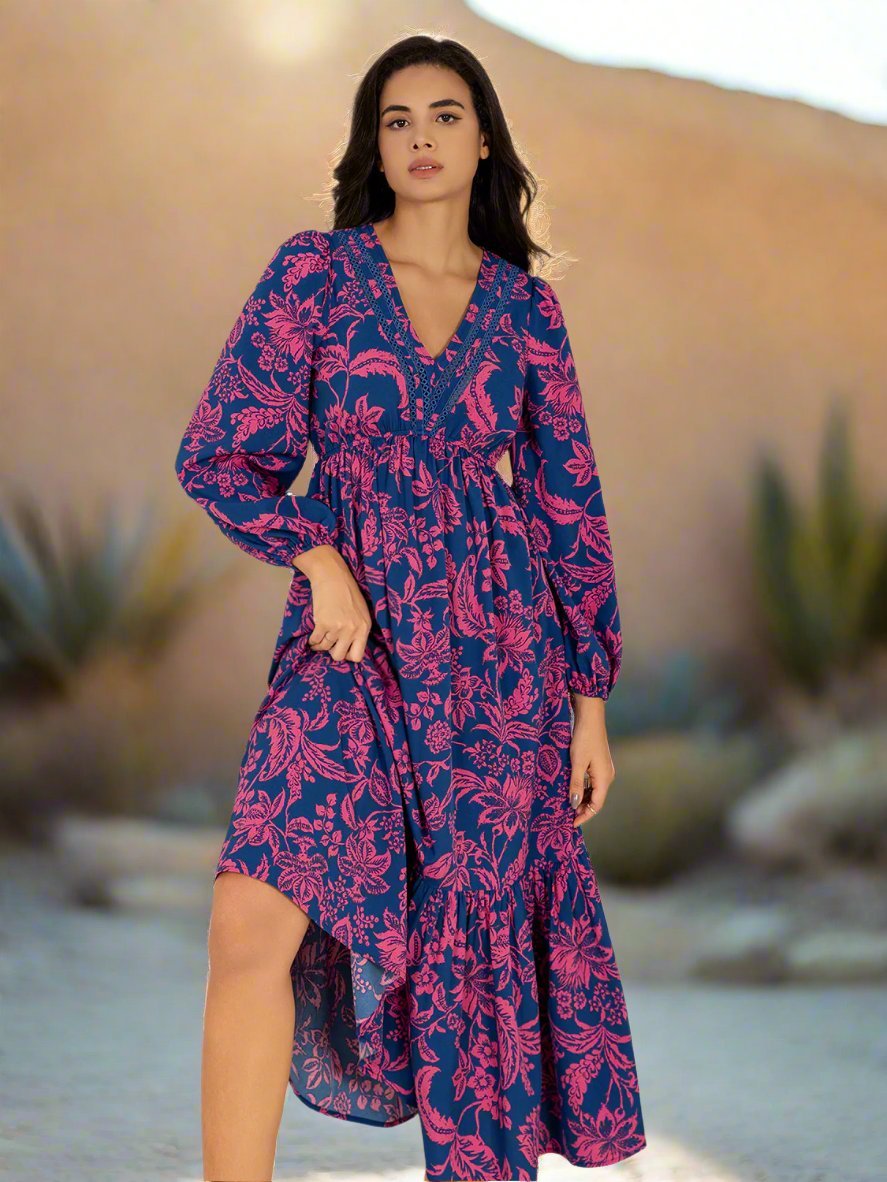 Beach Rose Co. - Printed V - Neck Midi Dress in Red Violet