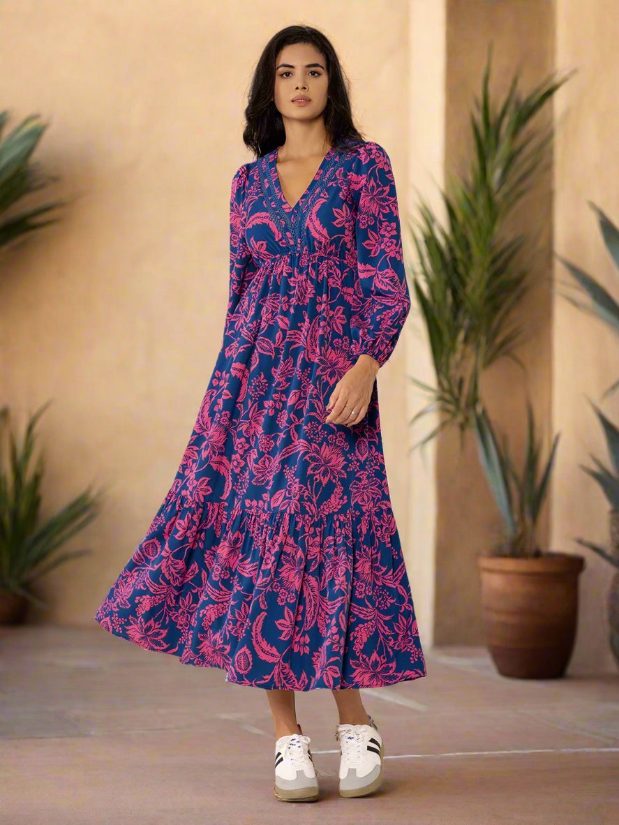 Beach Rose Co. - Printed V - Neck Midi Dress in Red Violet