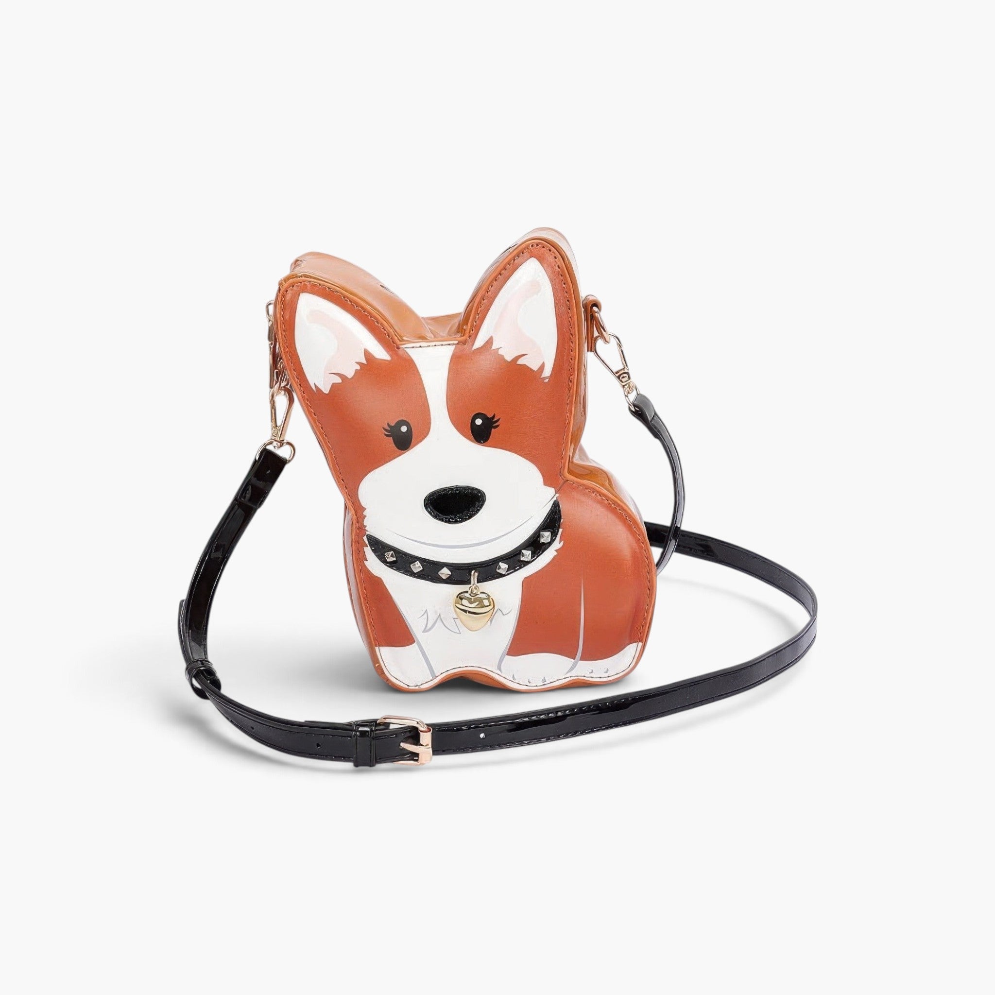 Beach Rose Co. camel-colored puppy novelty bag shaped like a Corgi with a black strap and heart charm detail.