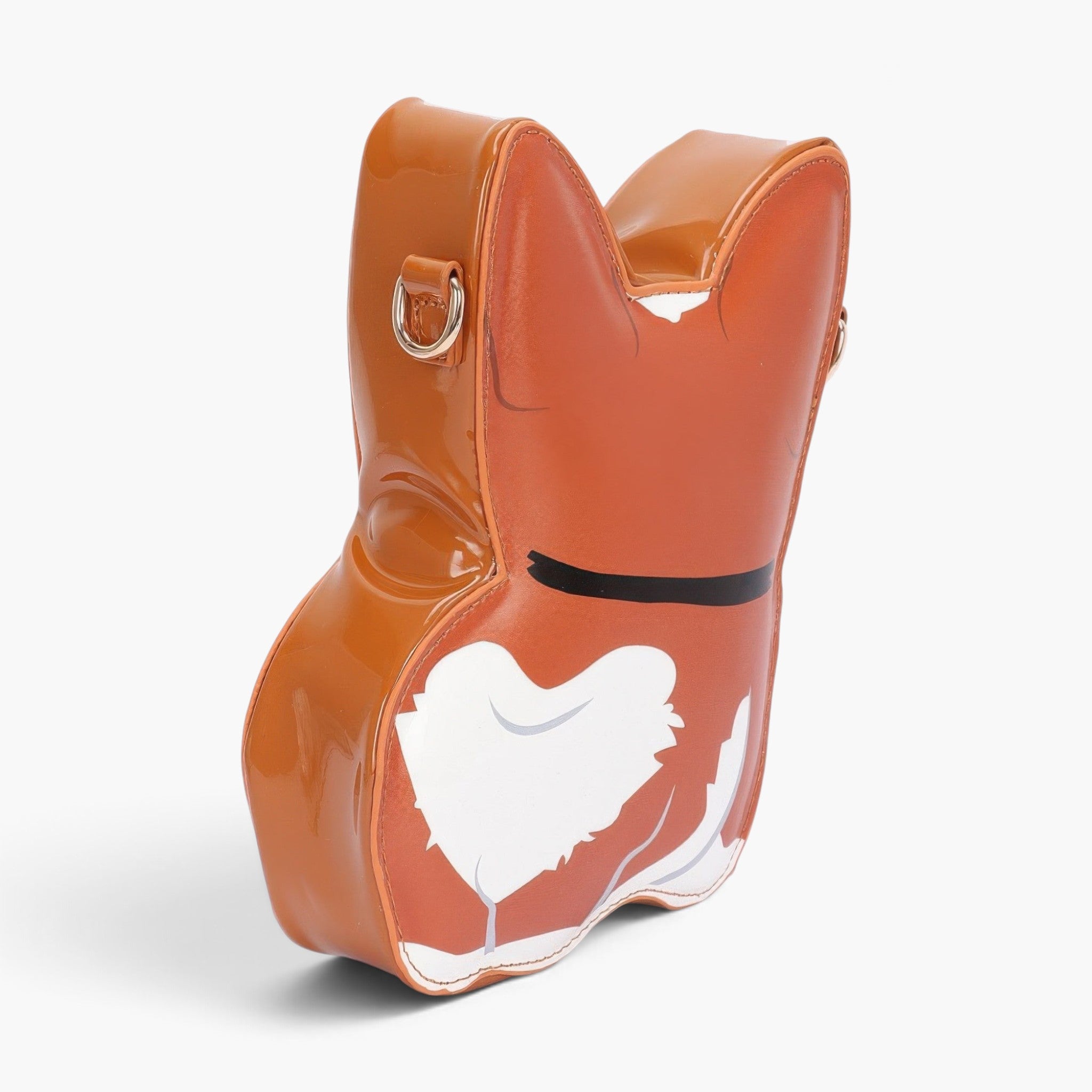 Beach Rose Co. camel-colored polyurethane puppy-shaped novelty bag with a playful dog design and shoulder strap.