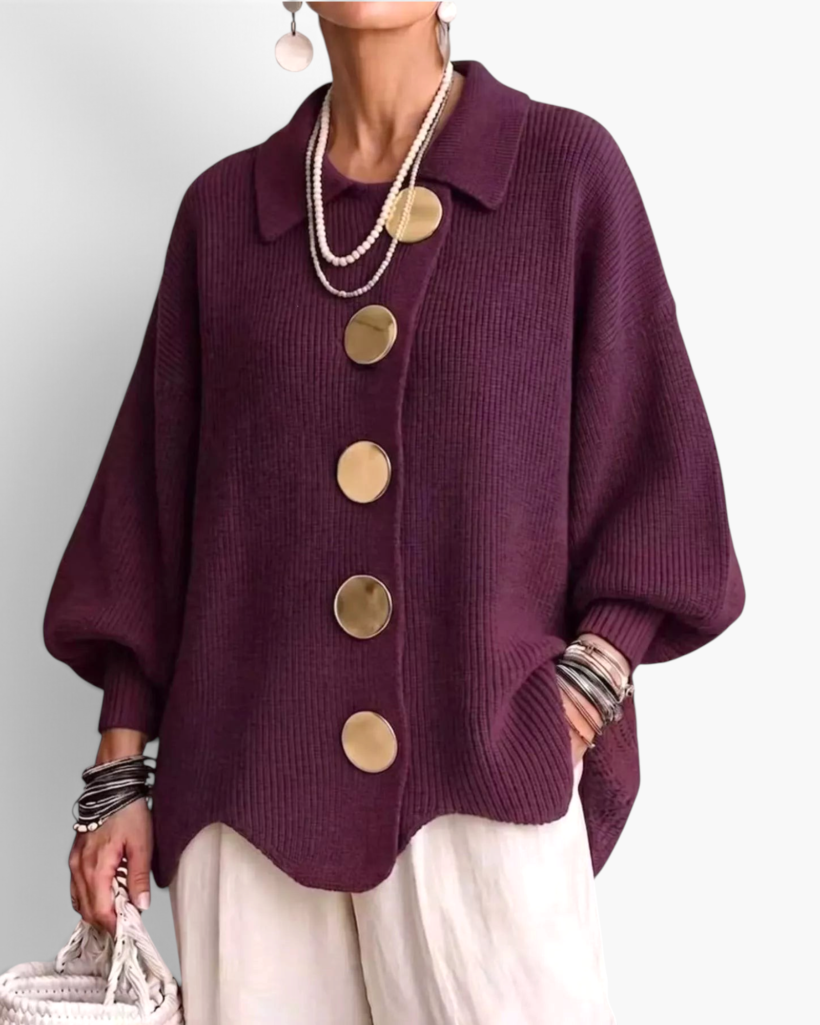 Beach Rose Co. deep purple ribbed knit cardigan with oversized gold buttons, balloon sleeves, and a scalloped hem.
