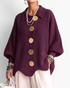 Beach Rose Co. deep purple ribbed knit cardigan with oversized gold buttons, balloon sleeves, and a scalloped hem.