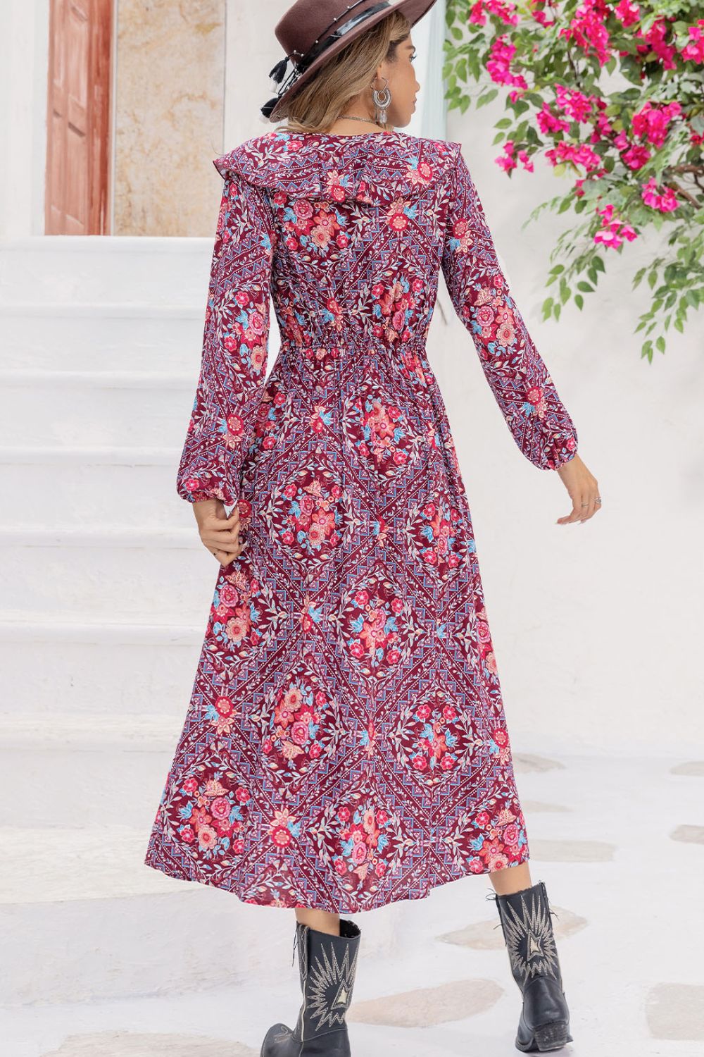 Beach Rose Co. - Purple Floral Print Long Sleeve Midi Dress