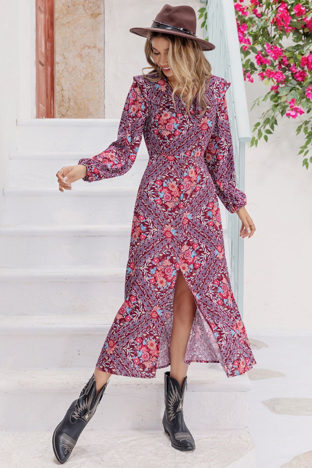 Beach Rose Co. - Purple Floral Print Long Sleeve Midi Dress