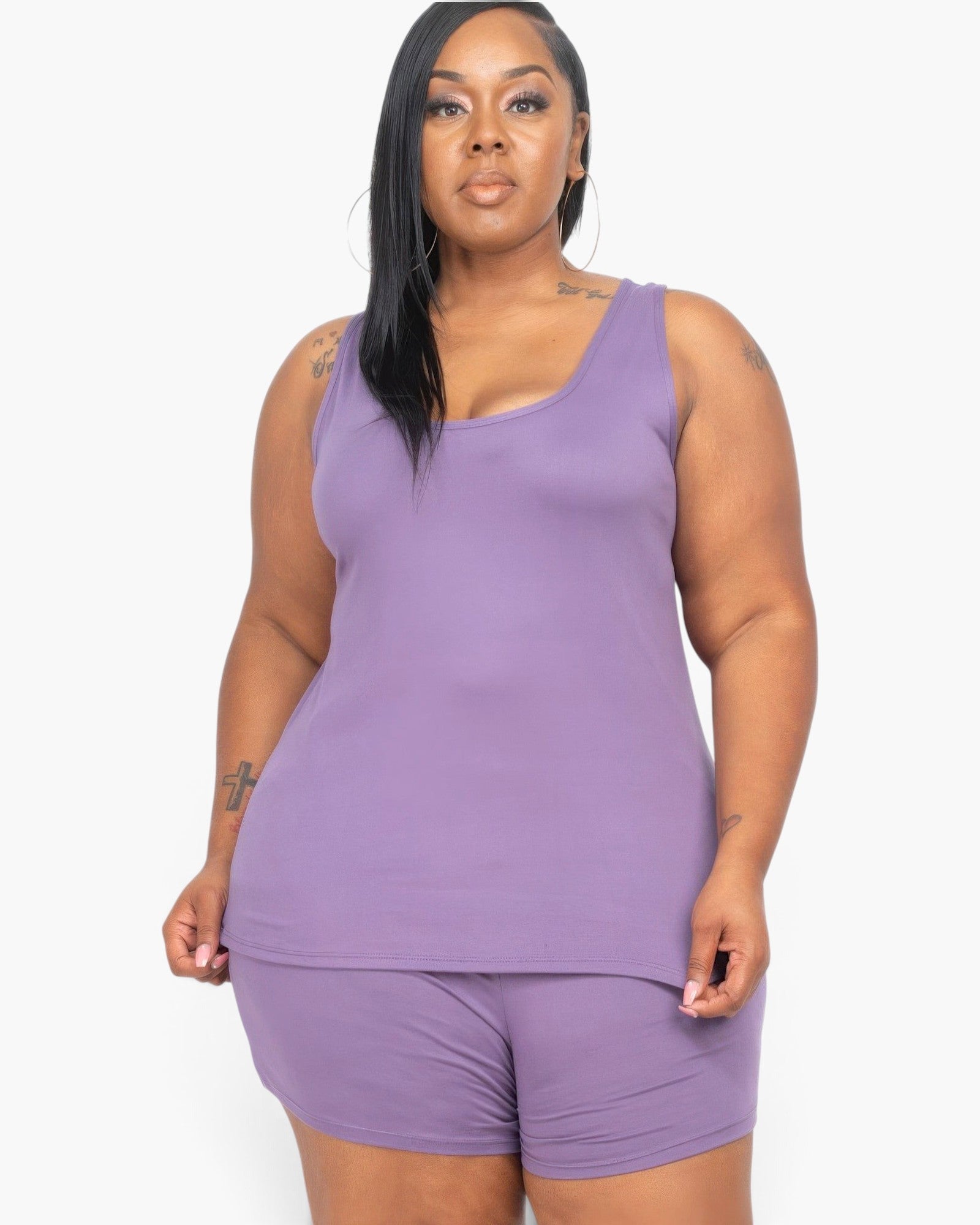 Beach Rose Co. plus size purple tank top and shorts lounge set worn by a woman with long dark hair
