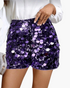 Beach Rose Co. purple sequin shorts featuring mixed-size oversized discs for a textured festive look.