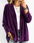 Beach Rose Co. purple velour open-front cardigan with patch pockets worn over a white tee and jeans