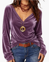 Beach Rose Co. purple velvet long sleeve V-neck top with a soft sheen and draped fit worn with jeans and necklaces.