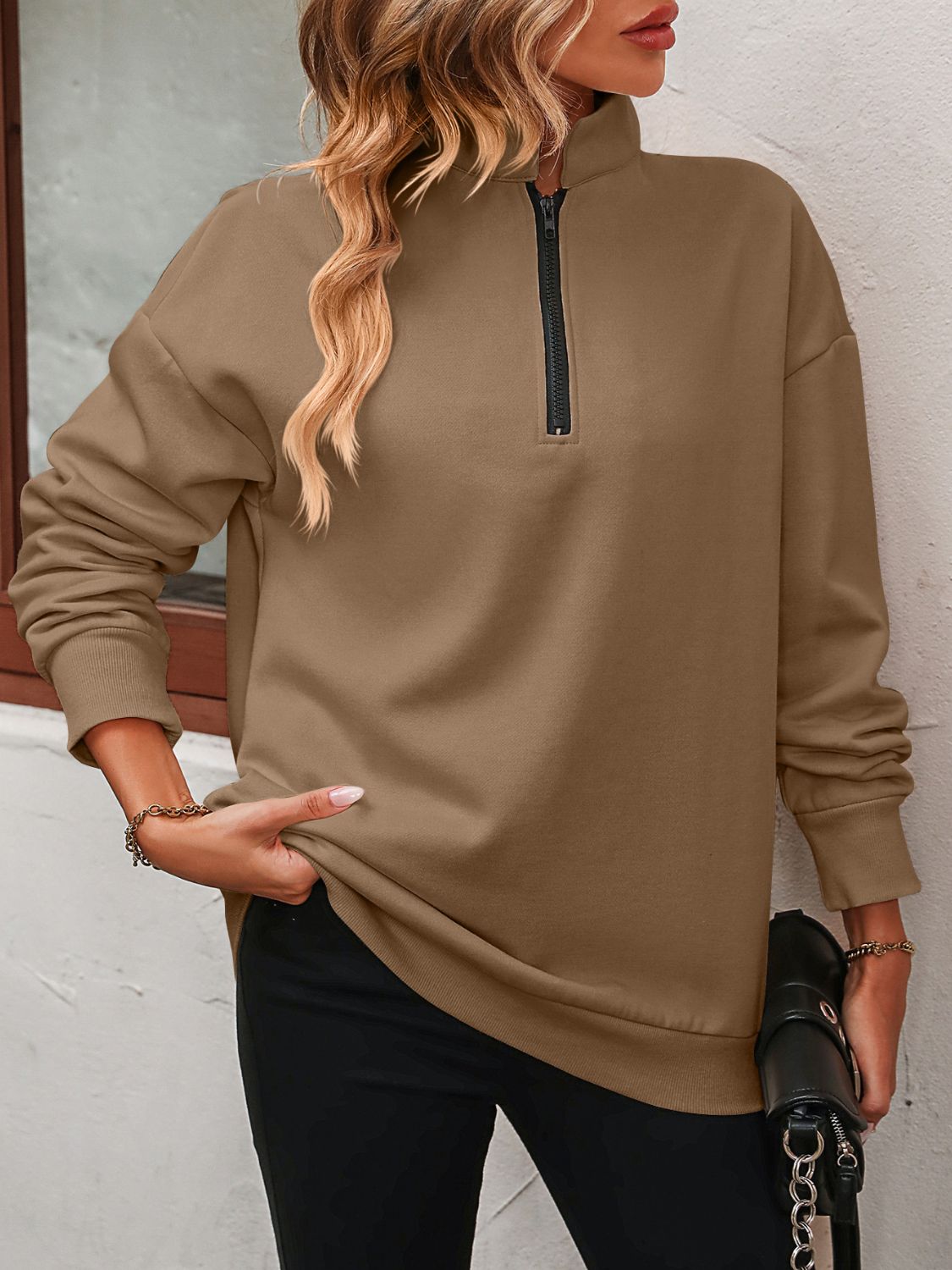 Beach Rose Co. - Quarter Zip Dropped Shoulder Sweatshirt