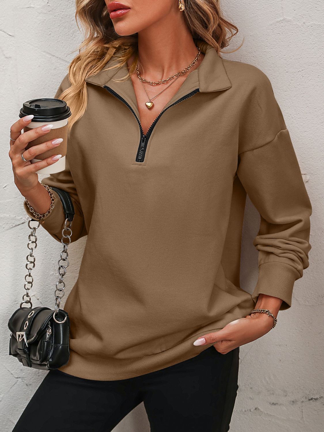 Beach Rose Co. - Quarter Zip Dropped Shoulder Sweatshirt