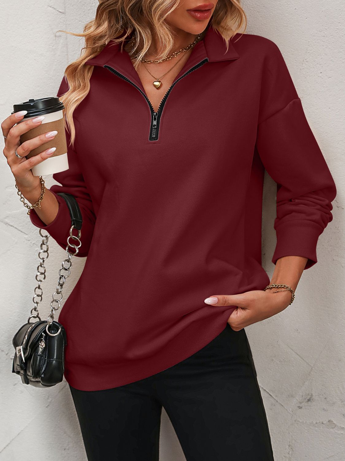 Beach Rose Co. - Quarter Zip Dropped Shoulder Sweatshirt