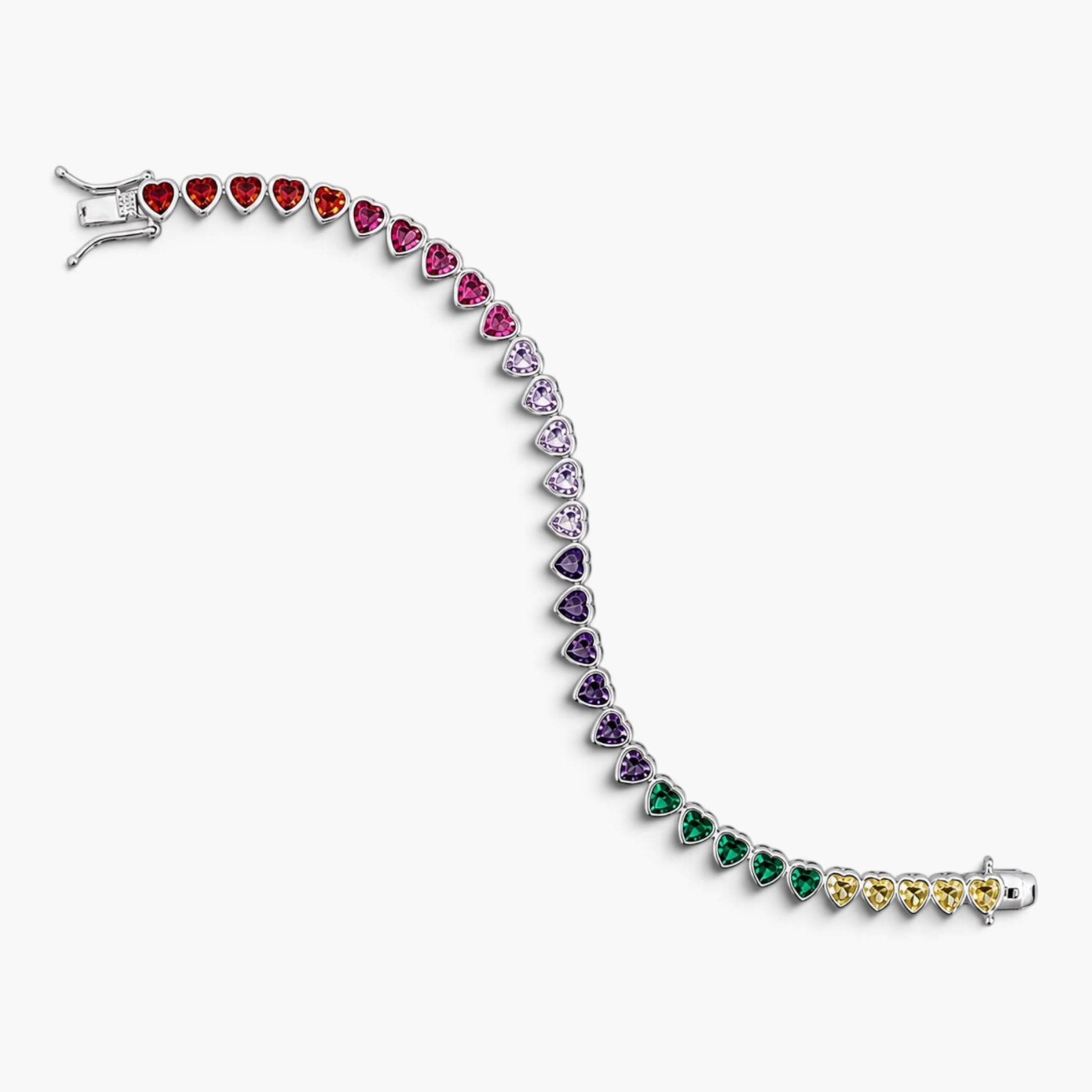Beach Rose Co. rainbow heart tennis bracelet with rhodium-filled setting and colorful cubic zirconia stones.