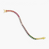 Beach Rose Co. gold tennis bracelet featuring a row of vibrant heart-shaped rainbow cubic zirconia stones.