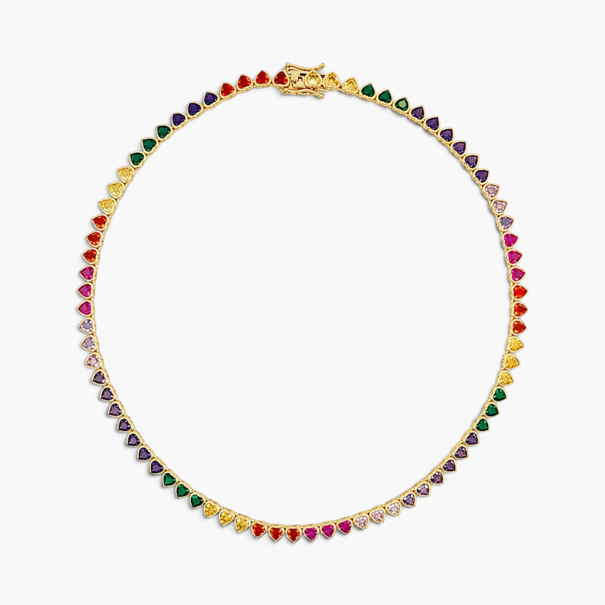 Beach Rose Co. gold tennis necklace featuring a continuous row of colorful heart-shaped cubic zirconia stones.