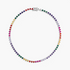 Beach Rose Co. rainbow heart-shaped cubic zirconia tennis necklace in rhodium finish on a white background.