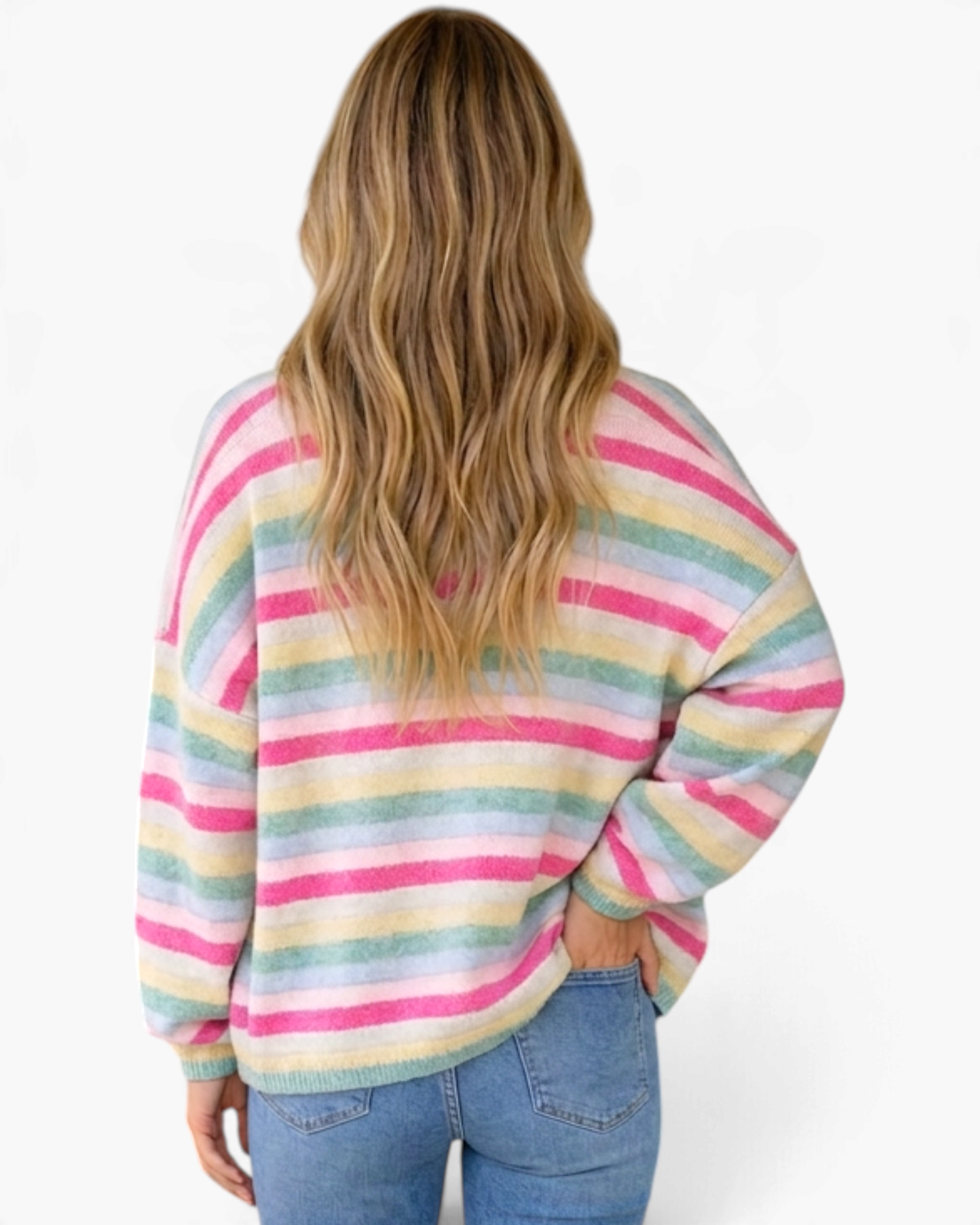 Beach Rose Co. pink and pastel rainbow striped knit cardigan with long sleeves and a relaxed fit, back view.