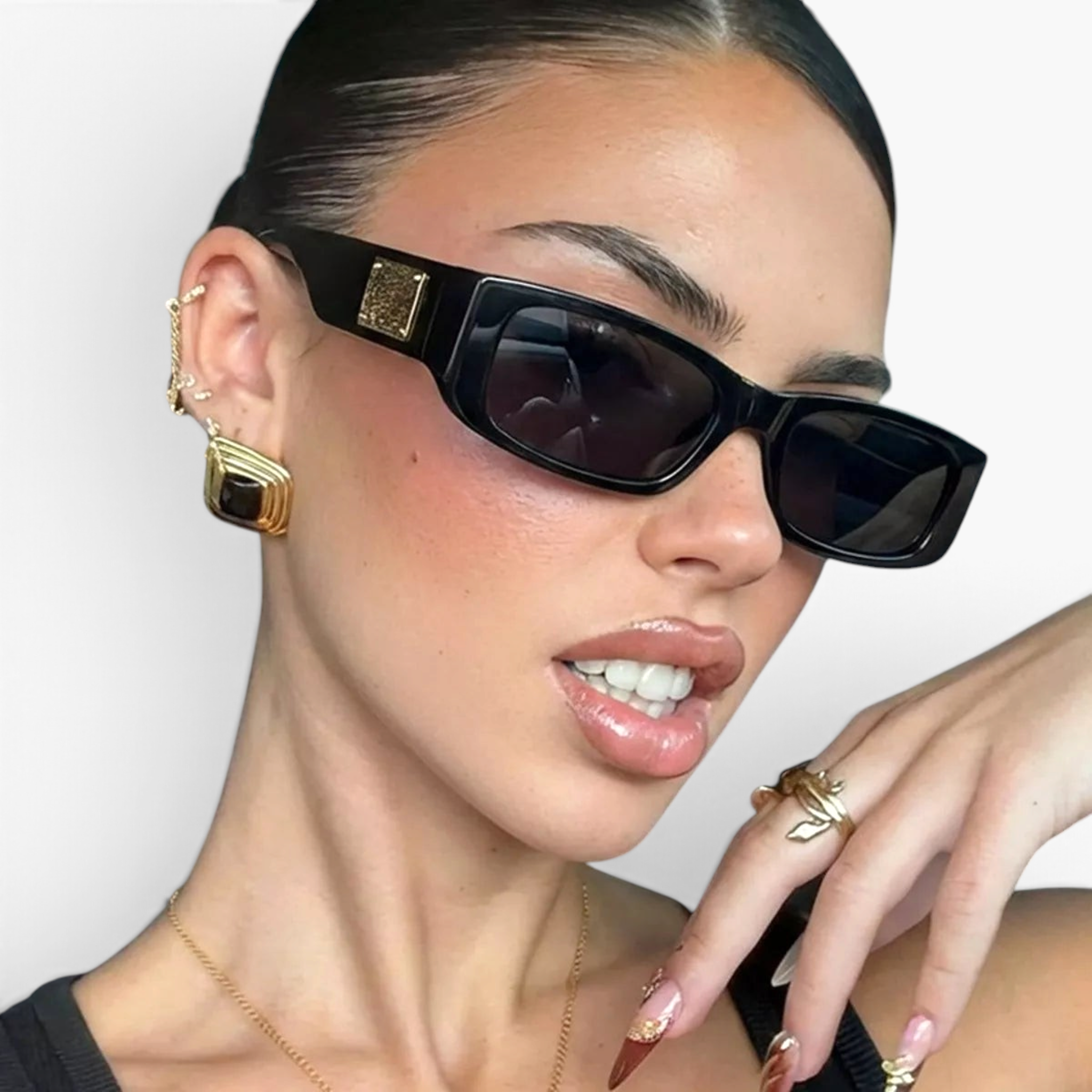 Beach Rose Co. retro rectangular black sunglasses with textured gold temple accents worn by a woman