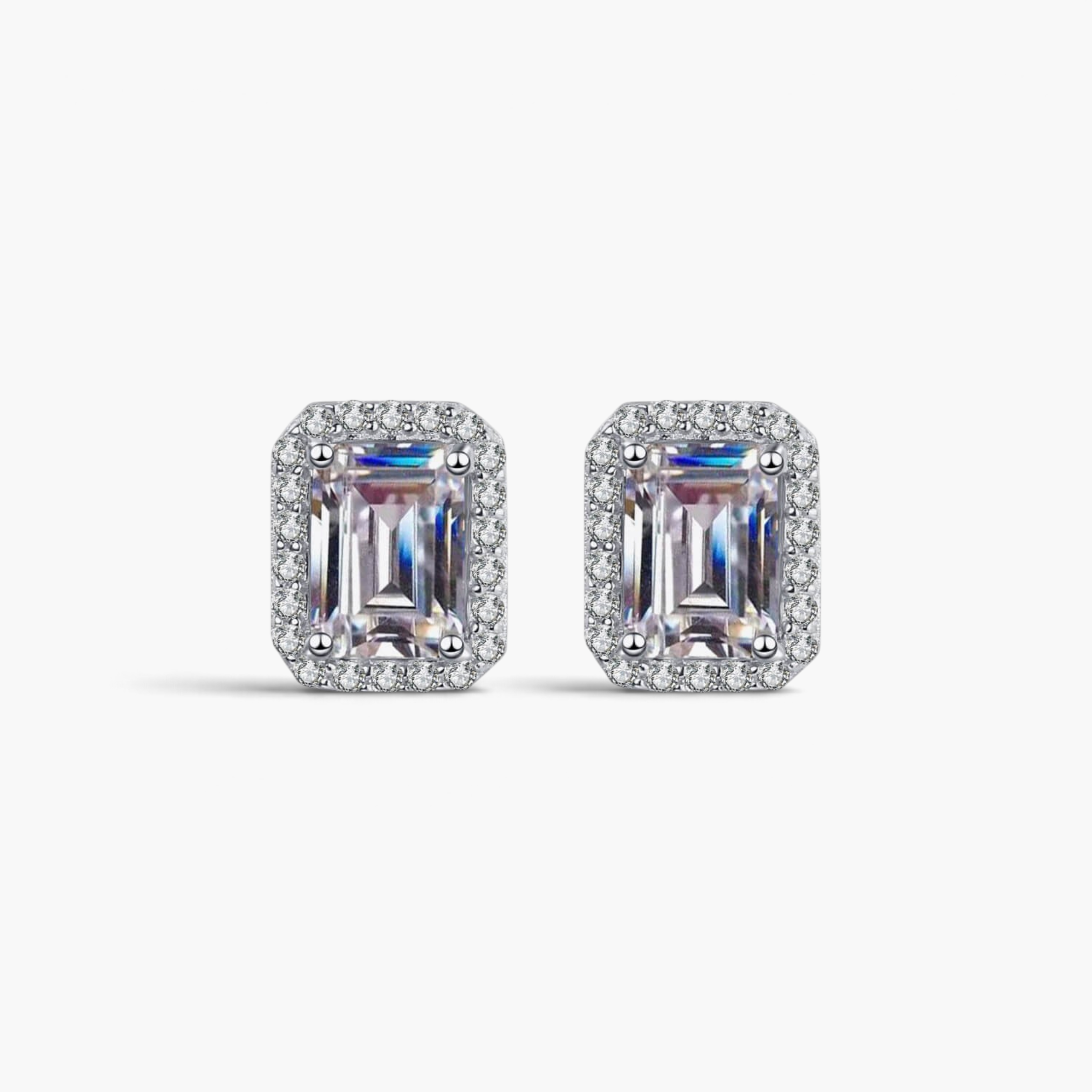 Beach Rose Co. rectangular moissanite stud earrings with zircon halos set in rhodium-plated sterling silver.