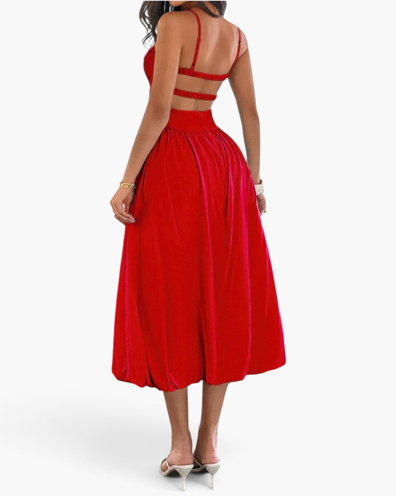 Beach Rose Co. red sleeveless A-line dress with a ruched bust and open back, worn by a model from the back view.