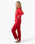 Beach Rose Co. red pajama set with button-front top, contrasting piping, and bow detail on the chest pocket
