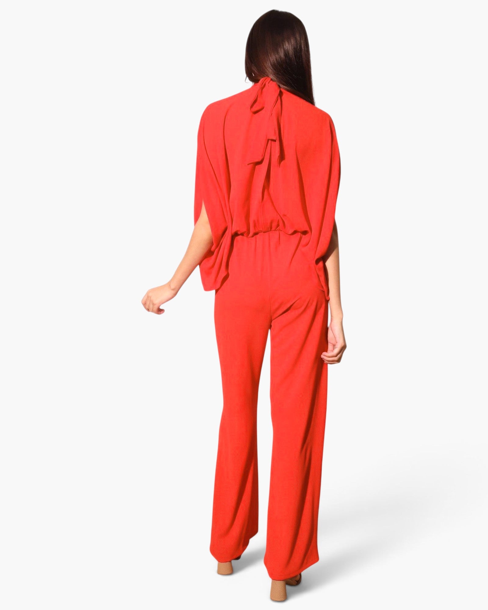 Beach Rose Co. red textured mock neck caftan jumpsuit with a flowing silhouette and back tie detail, back view