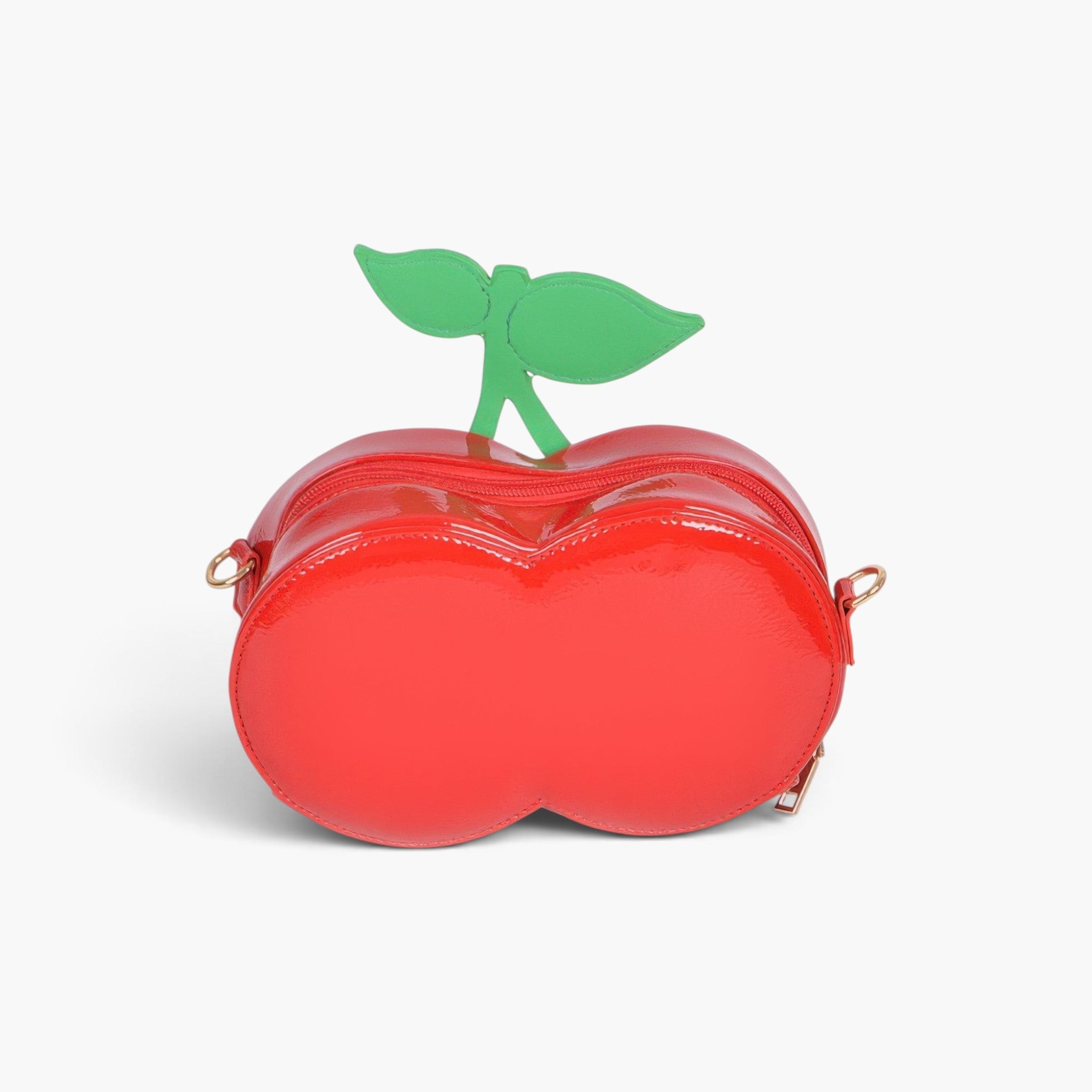 Beach Rose Co. red cherry-shaped clutch bag made of glossy polyurethane with green leaf accents
