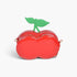 Beach Rose Co. red cherry-shaped clutch bag made of glossy polyurethane with green leaf accents