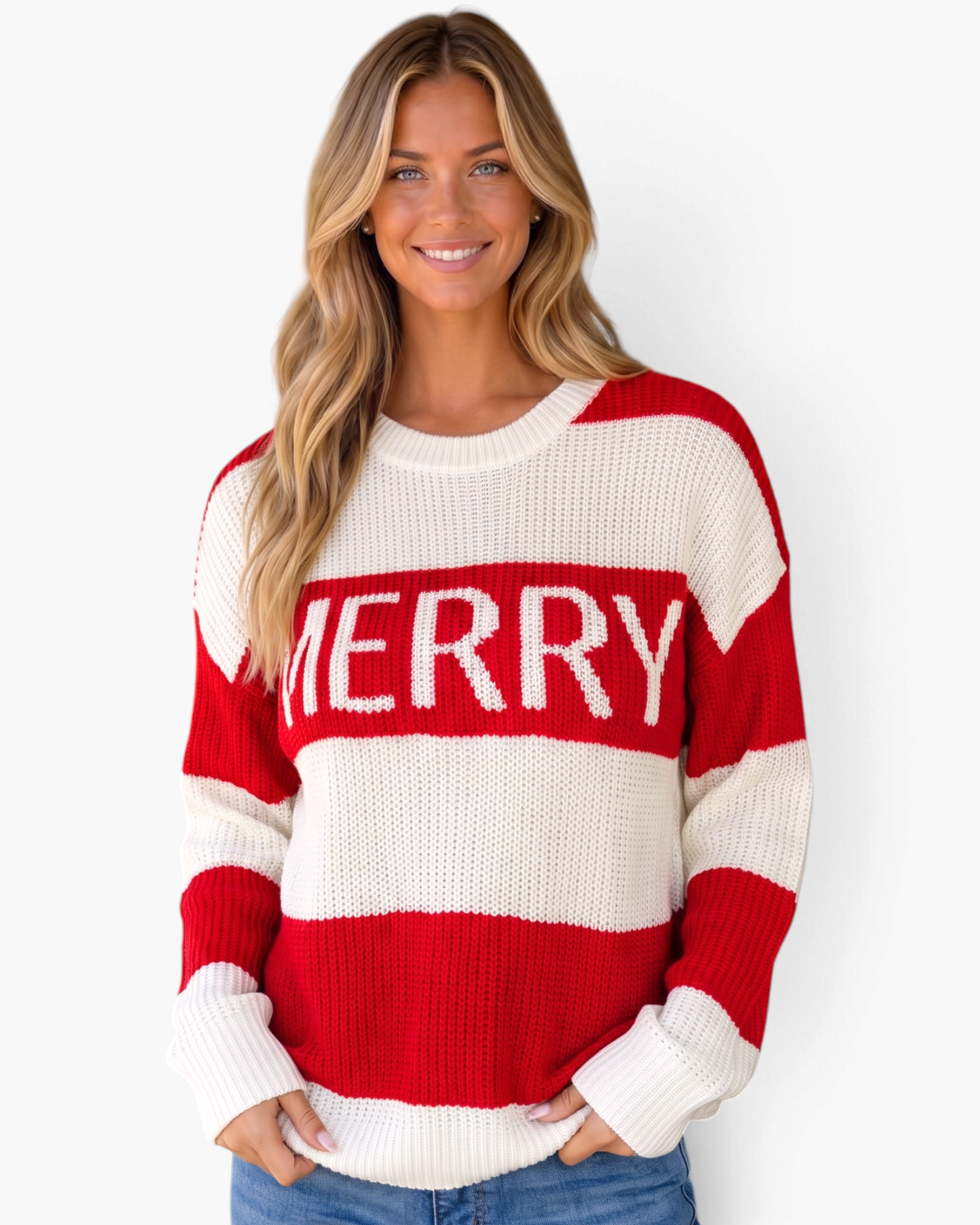 Beach Rose Co. red and cream striped crewneck sweater with MERRY knit lettering worn by a smiling blonde woman