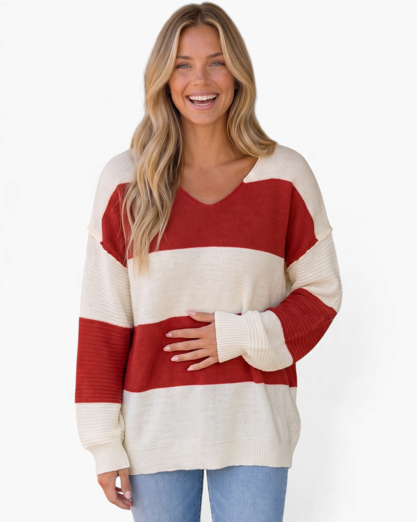Beach Rose Co. red and cream wide stripe V-neck sweater with dropped shoulders and textured knit sleeves on a model.
